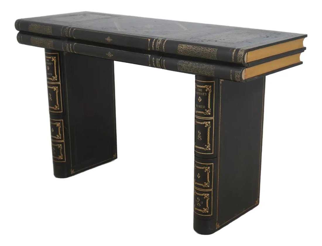 Leather Book Form Console Table with Seven Drawers and Tooled Top: Leather Book Form Console Table with Seven Drawers and Tooled Top This console sofa table features a distinctive book form design that resembles stacks of classical books, with a tooled leather top an