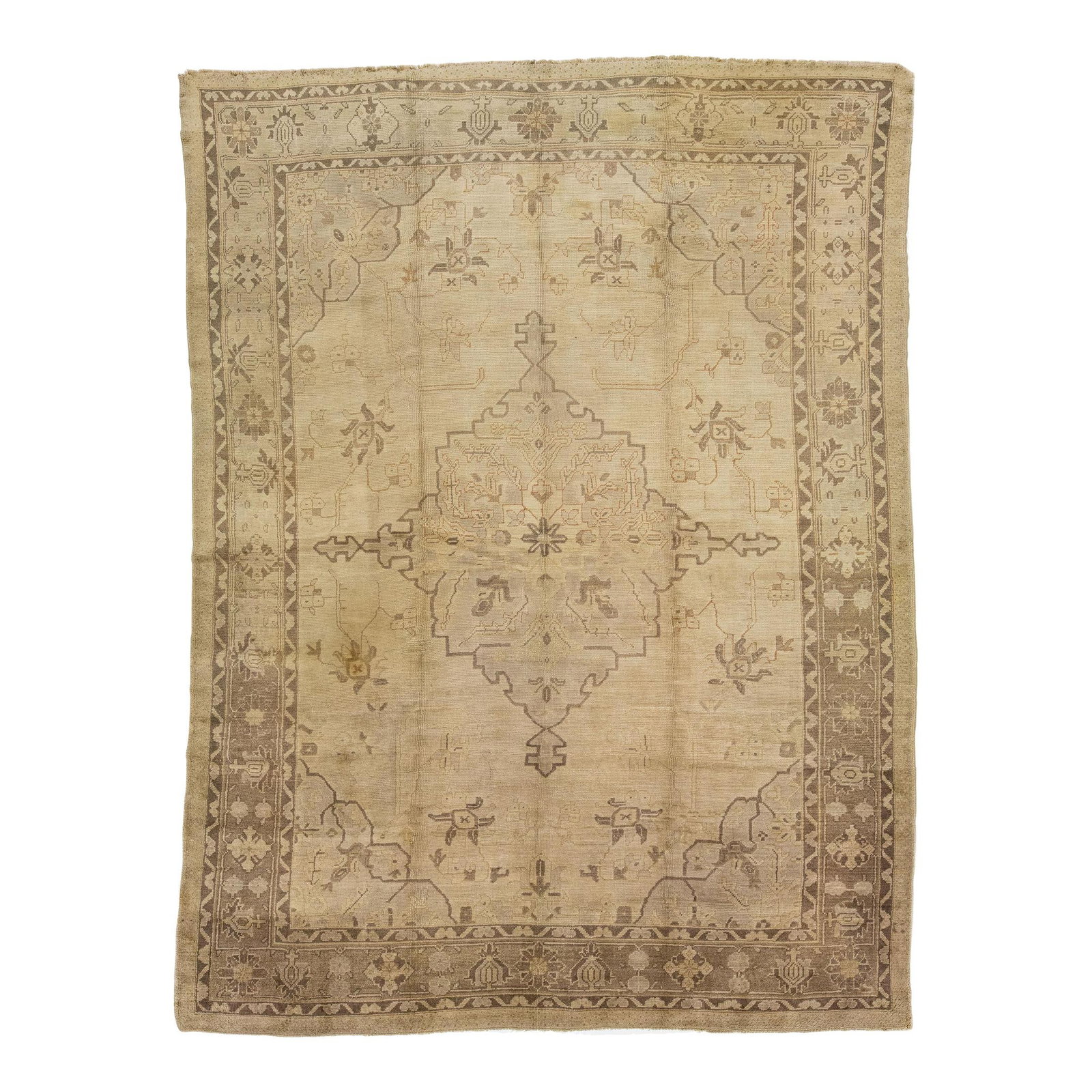 1960s Handmade Beige Turkish Oushak Wool Rug with Medallion Motif 9' x 11'10": 1960s Handmade Beige Turkish Oushak Wool Rug with Medallion Motif 9' x 11'10" Discover the beauty of this 1960s Vintage Turkish Oushak Wool Rug, meticulously handmade with a charming beige base. Adorn