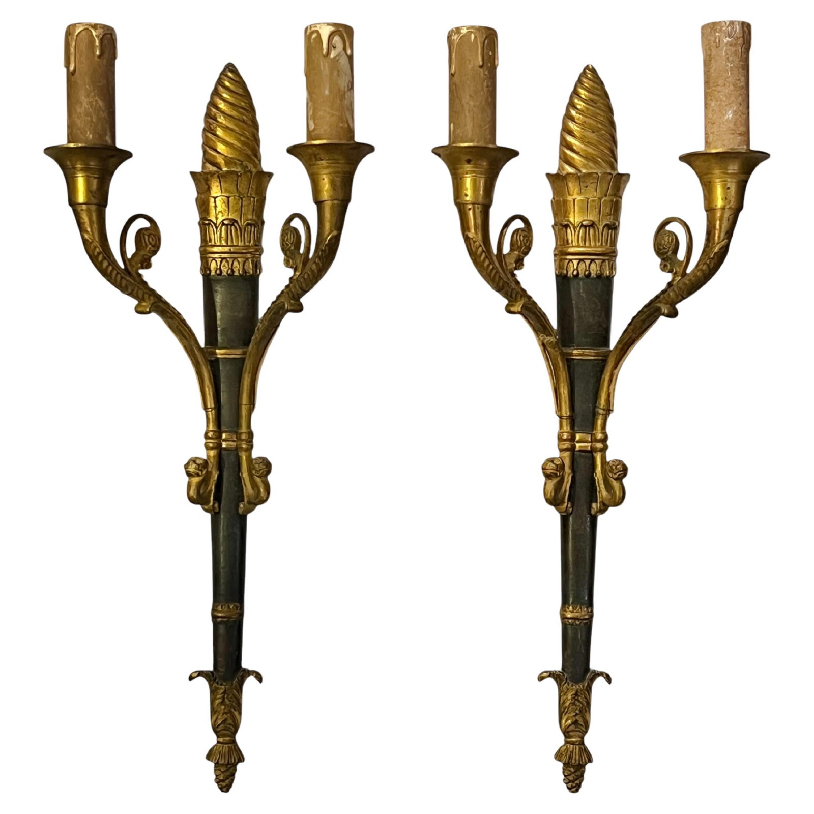 French Empire Revival bronze wall sconces pair torch form 2-light (1 of 10)