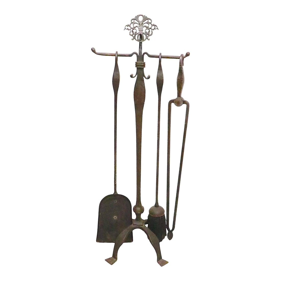 4 Piece Wrought Iron Fireplace Tool Set with Brass Medallion Stand (1 of 10)