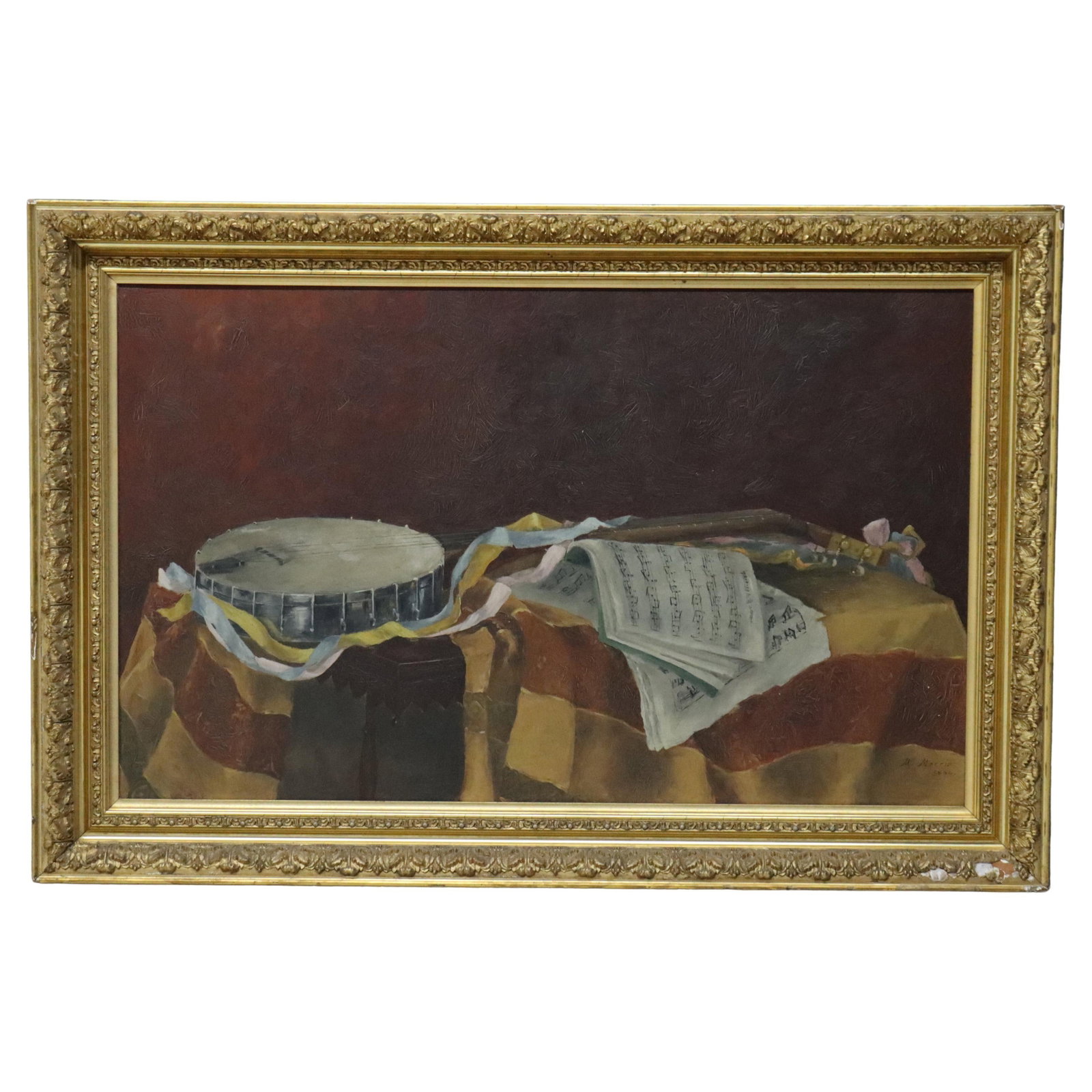 Antique Gilt Framed Oil Painting Music Theme Banjo by M. Morris c1886: Antique Gilt Framed Oil Painting Music Theme Banjo by M. Morris c1886 This stunning antique oil painting on canvas, created by M. Morris circa 1886, showcases a music-themed still life prominently fea