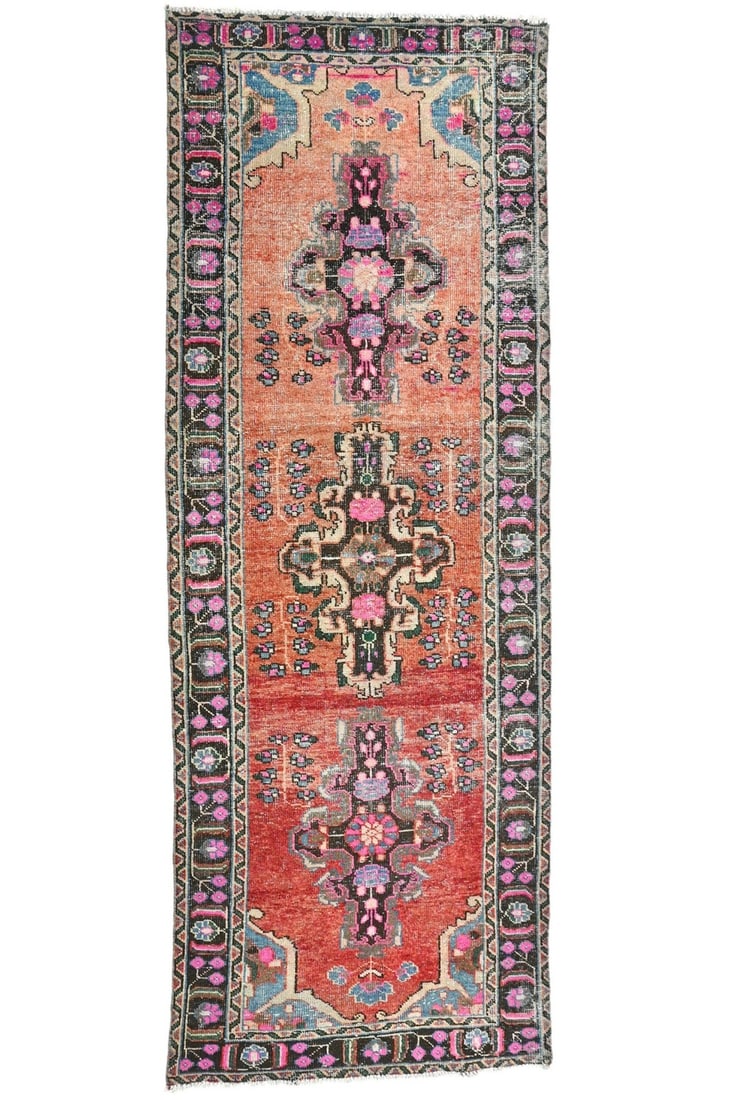Hand Knotted Wool Vintage Tribal Runner 3'7 x 10'2 Floral (1 of 12)