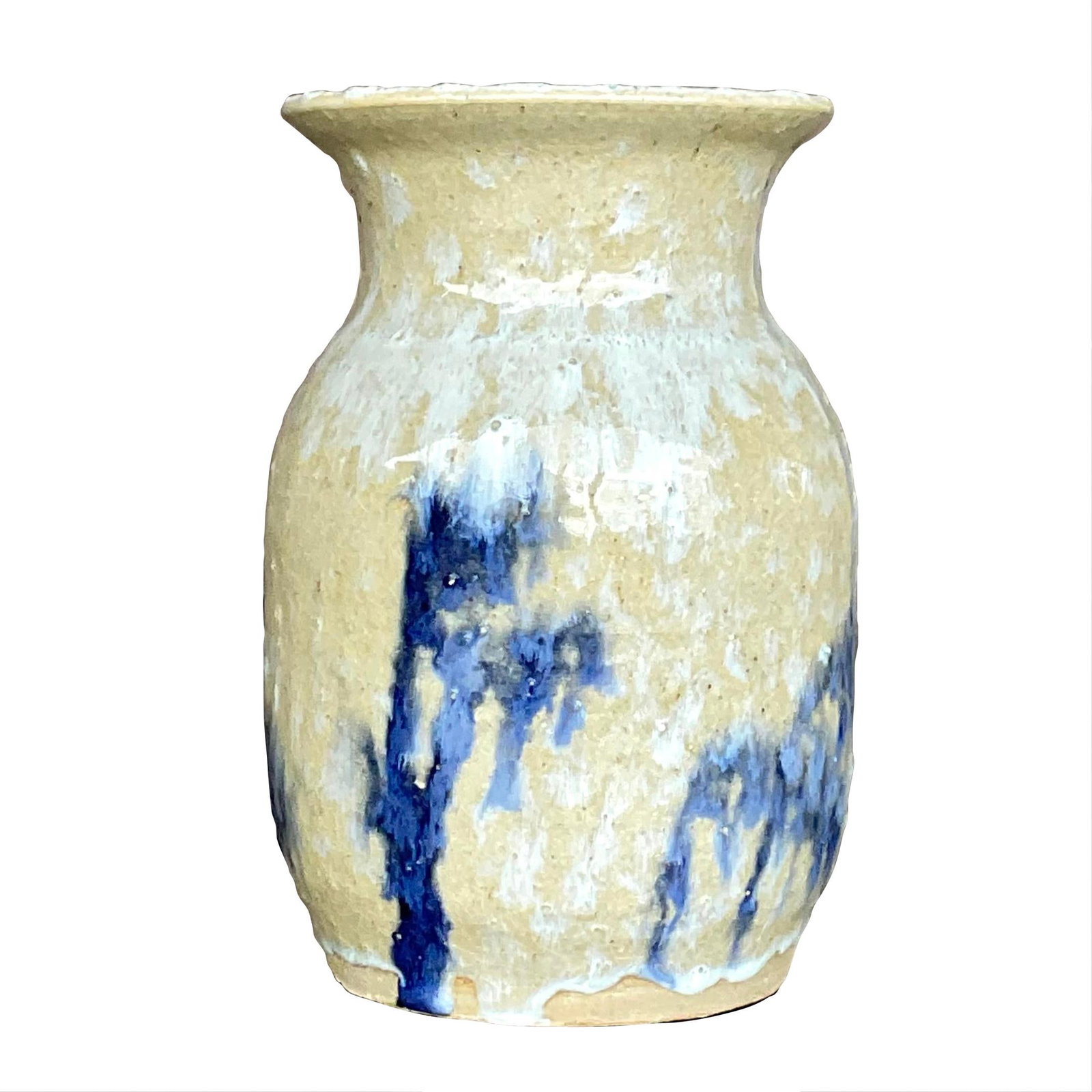 Vintage Boho Signed Studio Pottery Vase Beige and Blue: Vintage Boho Signed Studio Pottery Vase Beige and Blue This exquisite vintage Boho vase showcases the charm of studio pottery with its unique hand-painted details. Signed on the bottom, this piece is 