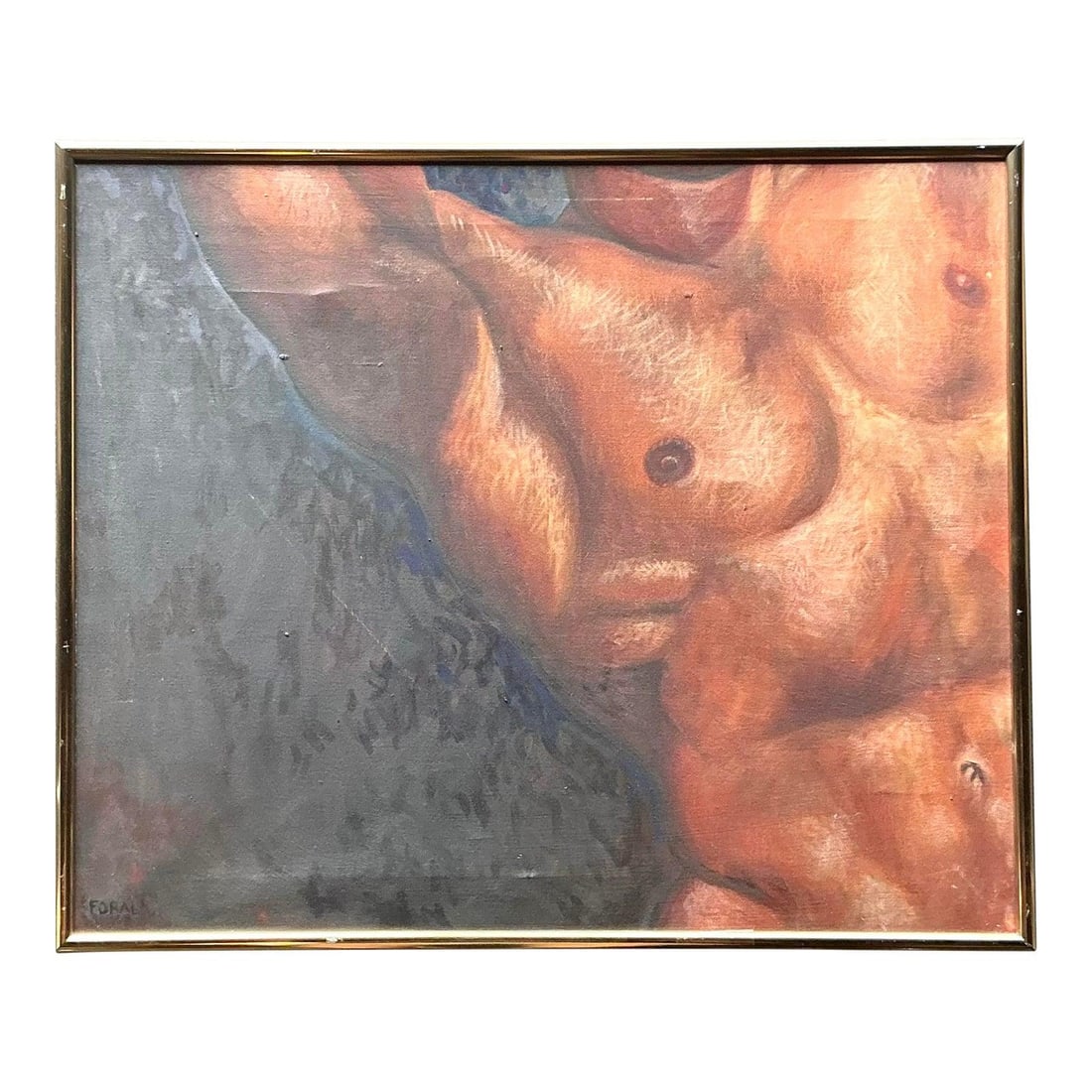 Framed Vintage Oil Painting Male Torso Study on Canvas 24.25 x 20.25: Framed Vintage Oil Painting Male Torso Study on Canvas 24.25 x 20.25 This vintage oil painting features an original depiction of a male torso, rendered on canvas with dramatic chiaroscuro lighting rem