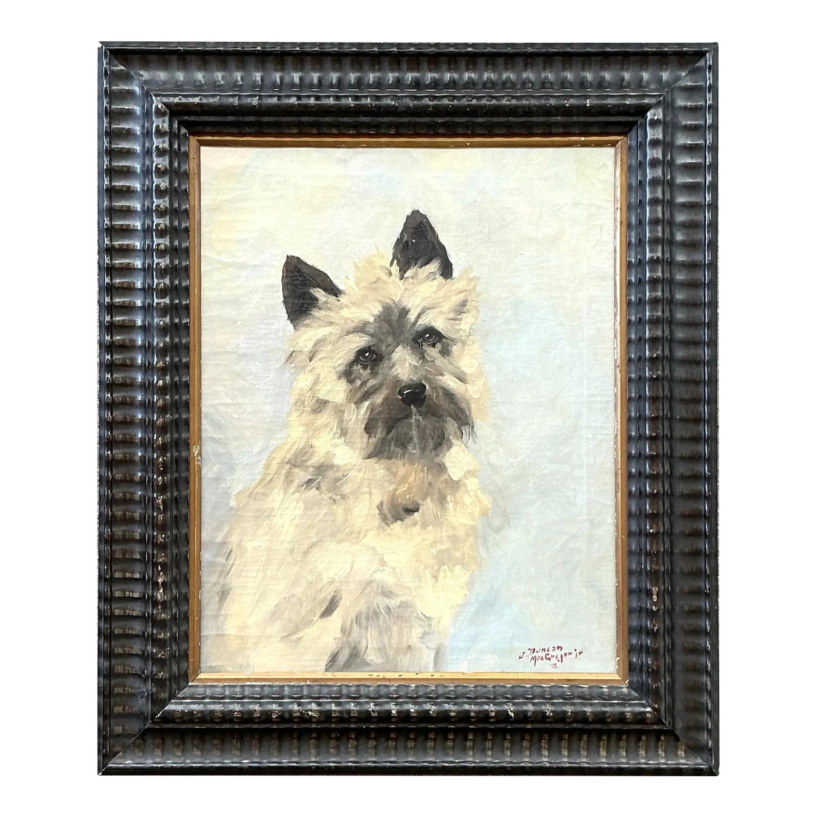 Framed terrier oil painting on canvas in black wood 22 x 26: Framed terrier oil painting on canvas in black wood 22 x 26 This vintage oil painting features a terrier-style dog rendered with remarkable attention to detail and lifelike expression. The artwork is 