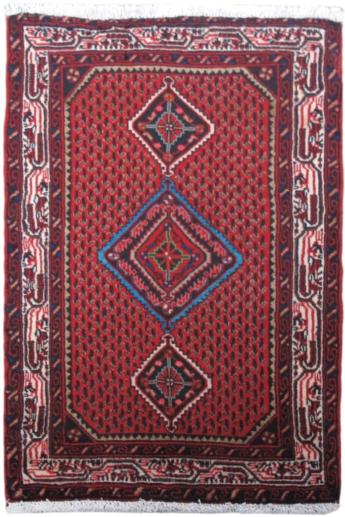 Handcrafted 2'4" x 3'6" Red Persian Hamadan Rug from Iran: Handcrafted 2'4" x 3'6" Red Persian Hamadan Rug from Iran Free continental US Shipping Elevate your decor with this exquisite 2.4 x 3.6 Red Persian Hamadan Rug, skillfully handwoven by talented Persia