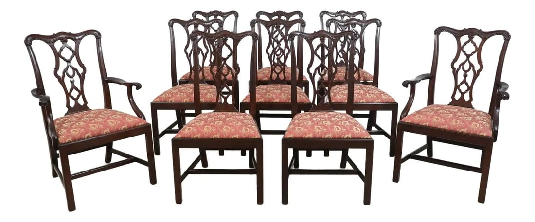 Set of 10 Henkel Harris Model 115 Mahogany Dining Chairs Chippendale Style: Set of 10 Henkel Harris Model 115 Mahogany Dining Chairs Chippendale Style This exquisite set of 10 Henkel Harris Model 115 dining room chairs showcases a classic Chippendale design, blending traditio