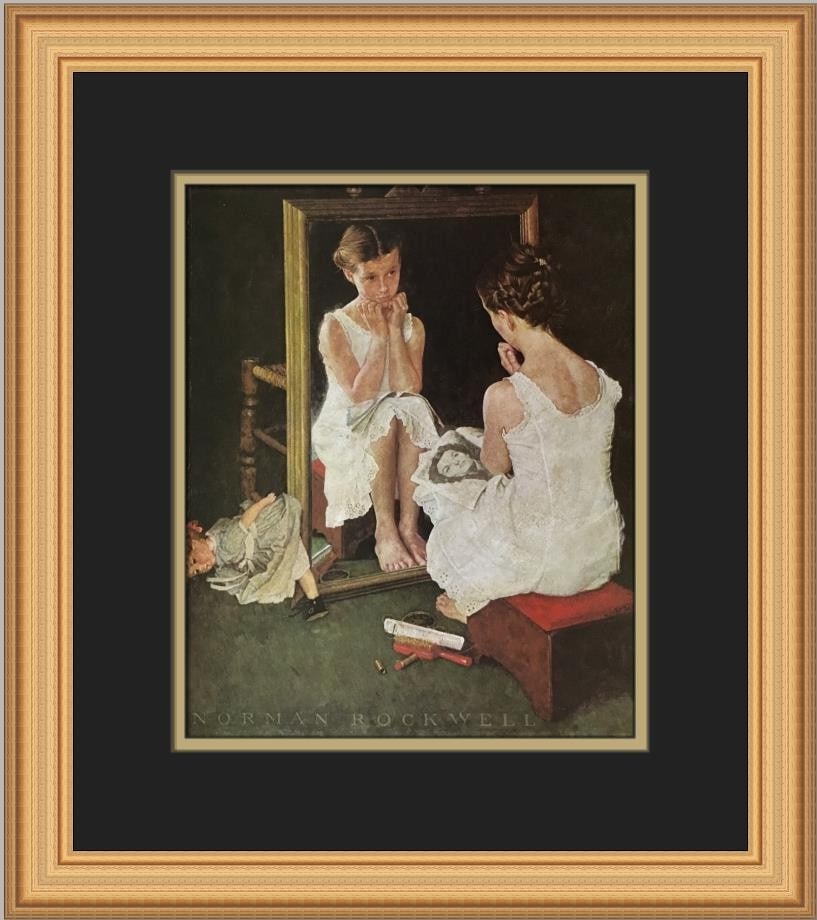 Norman Rockwell Girl at the Mirror Custom Framed Art Print: Norman Rockwell Girl at the Mirror Custom Framed Art Print This beautiful custom framed print titled "Girl at the Mirror" by renowned artist Norman Rockwell captures the essence of Americana Realism. 