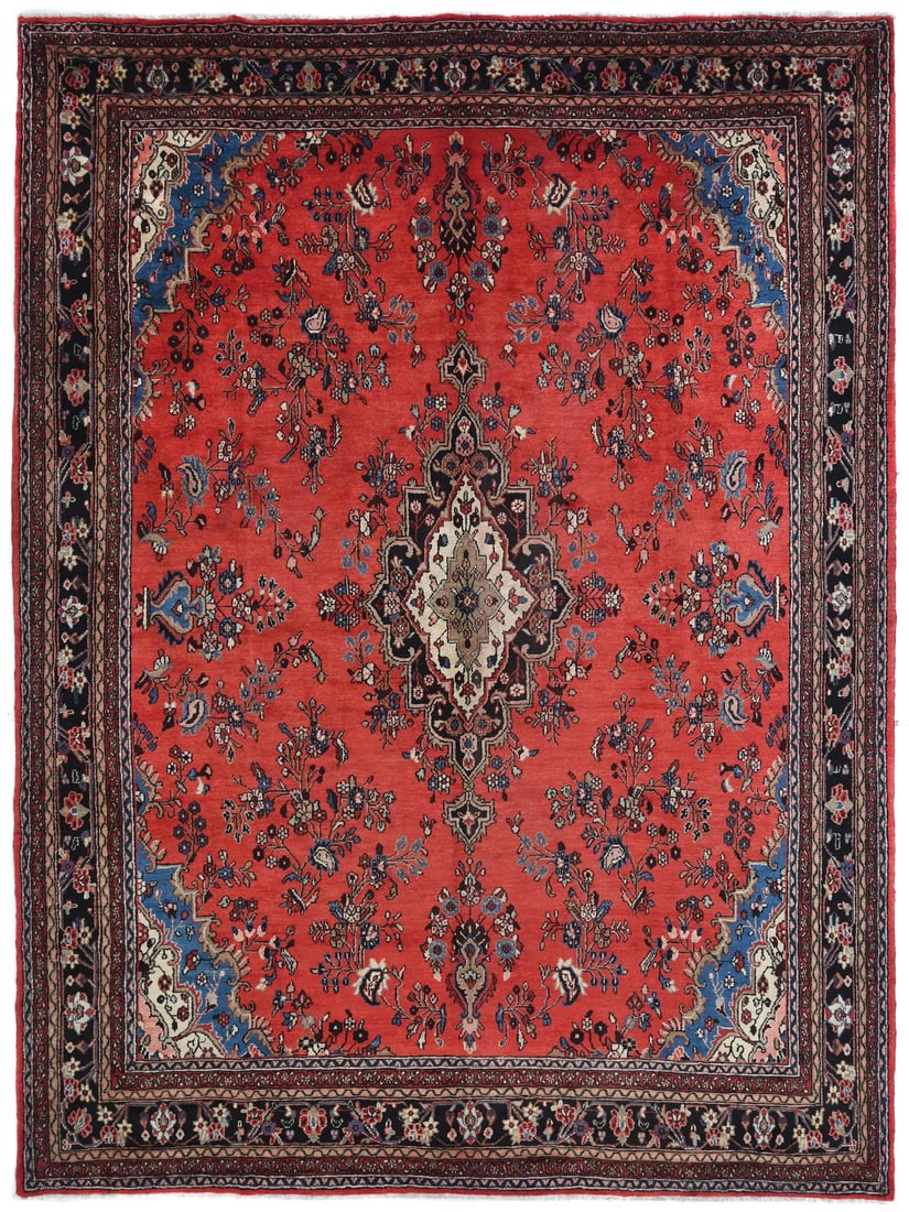 Vintage Hand-Knotted 10'7 x 13'4 Oriental Wool Rug Floral Tribal Design: Vintage Hand-Knotted 10'7 x 13'4 Oriental Wool Rug Floral Tribal Design Enhance your living space with this exquisite vintage hand-knotted Oriental rug, measuring 10'7" x 13'4". Crafted from high-qual