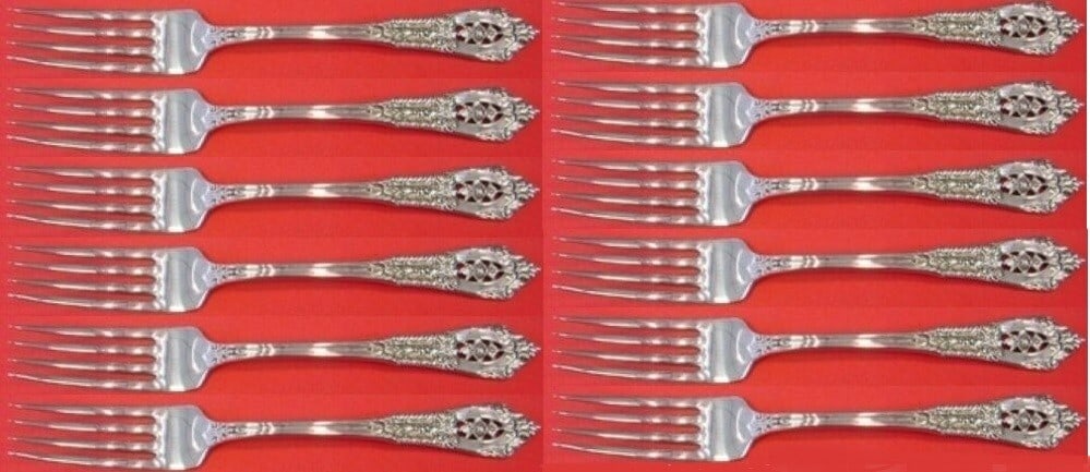 12 Wallace Rose Point Sterling Silver Dinner Forks 7" Set of 12 (1 of 4)