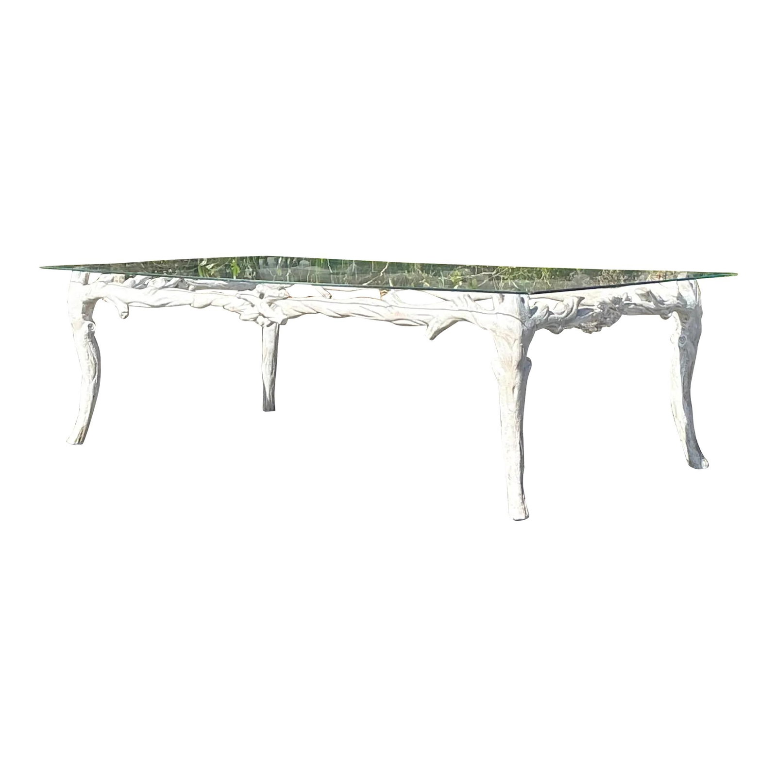 Vintage Regency Faux Bois Coffee Table in Light Gray Metal and Glass: Vintage Regency Faux Bois Coffee Table in Light Gray Metal and Glass Enhance your living space with this exquisite vintage Regency faux bois coffee table. Featuring a sculptural cast metal base that m