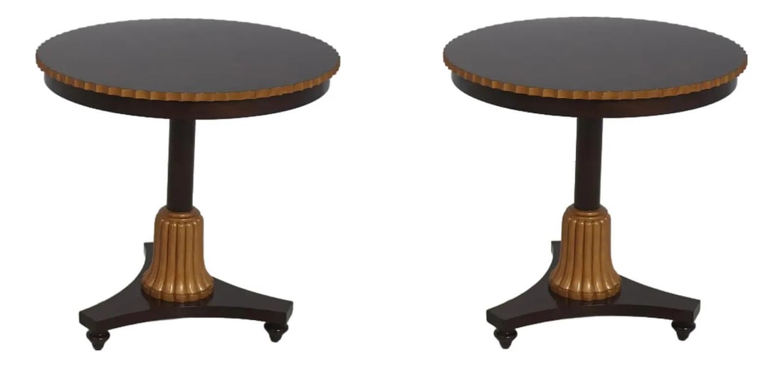 Set of Two Wood Lamp Tables Model AXH50016 with Scalloped Edge: Set of Two Wood Lamp Tables Model AXH50016 with Scalloped Edge This pair of Theodore Alexander round lamp tables, model AXH50016, features high-quality wood construction with a two-tone finish and ele