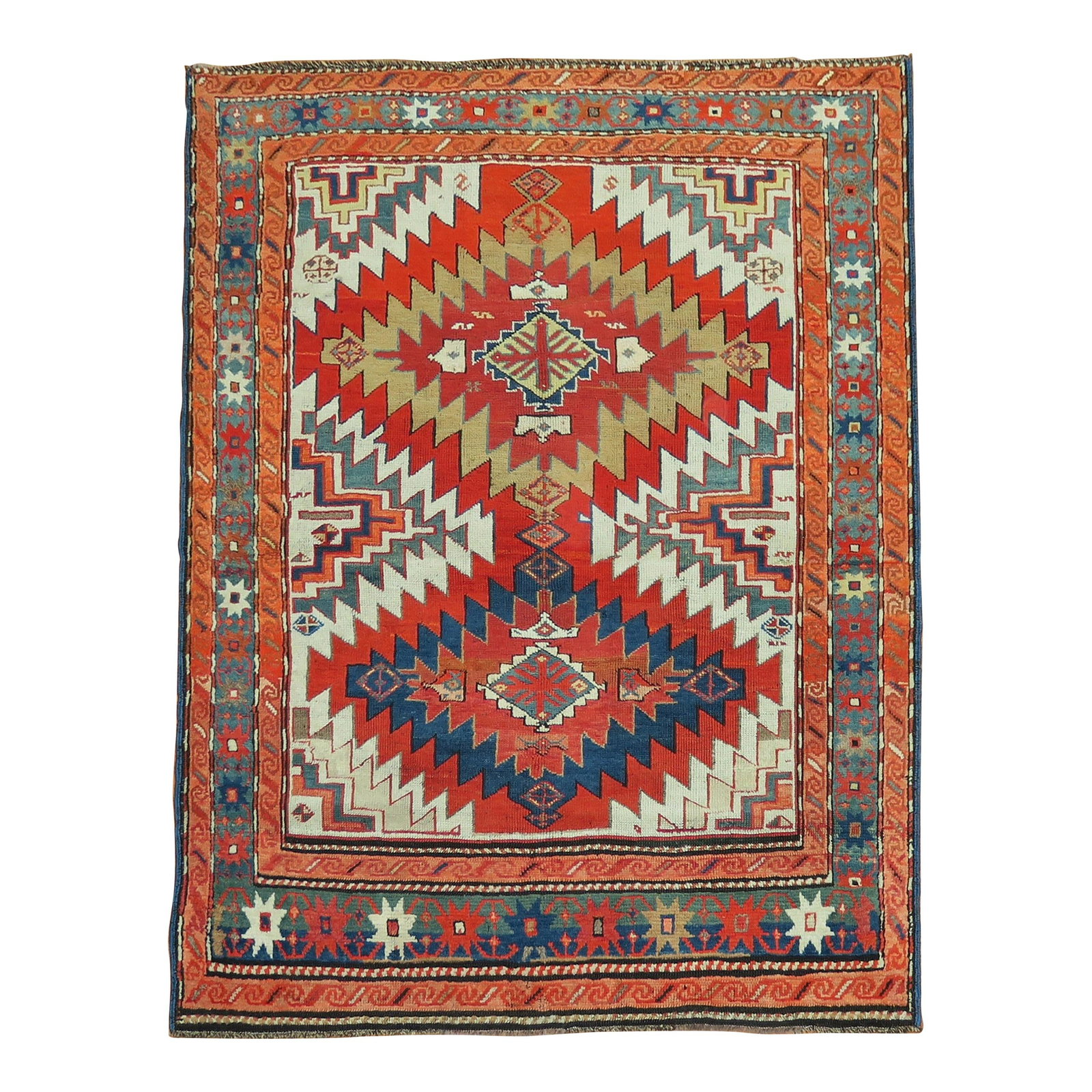 Antique Russian Karabagh Rug 49 x 60 Hand-Knotted Wool 20th Century: Antique Russian Karabagh Rug 49 x 60 Hand-Knotted Wool 20th Century This striking early 20th century Karabagh rug features a geometric design with coral, blue, and green accents set against an ivory b
