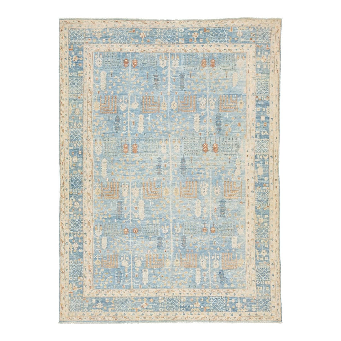 Handmade Khotan Wool Rug 9'10 x 13'3 Light Blue Elegant Design: Handmade Khotan Wool Rug 9'10 x 13'3 Light Blue Elegant Design This exquisite hand-knotted wool rug features a contemporary Khotan design, highlighted by a tranquil light blue background. The intricat
