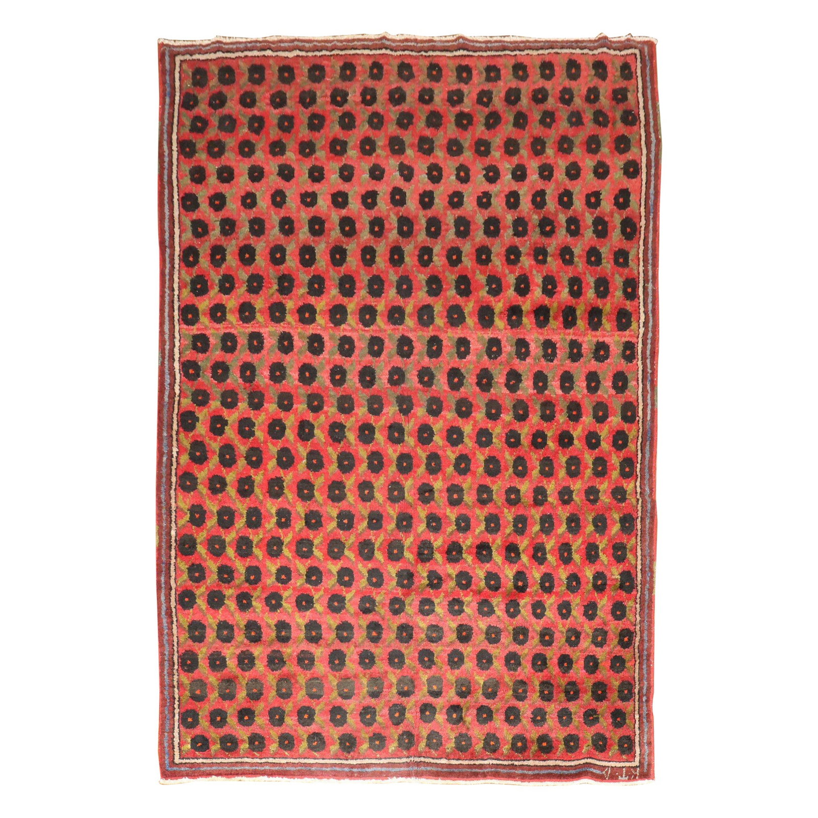 Mid-20th Century Hand-Woven Turkish Kars Rug 78 x 108 Wool Space Age Design: Mid-20th Century Hand-Woven Turkish Kars Rug 78 x 108 Wool Space Age Design Discover the charm of the Zabihi Collection Red Vintage Turkish Kars Rug, a stunning mid-20th century piece that features a 