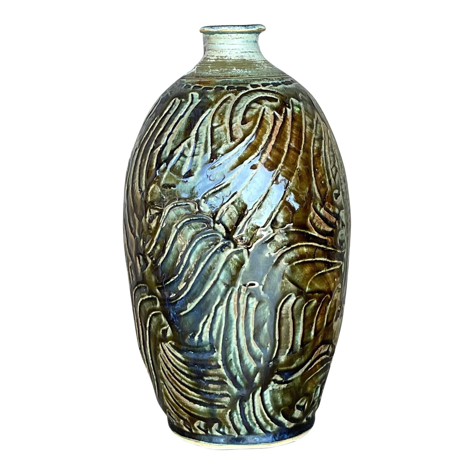 Vintage Boho Hand-Glazed Ceramic Vase in Olive Green (1 of 8)