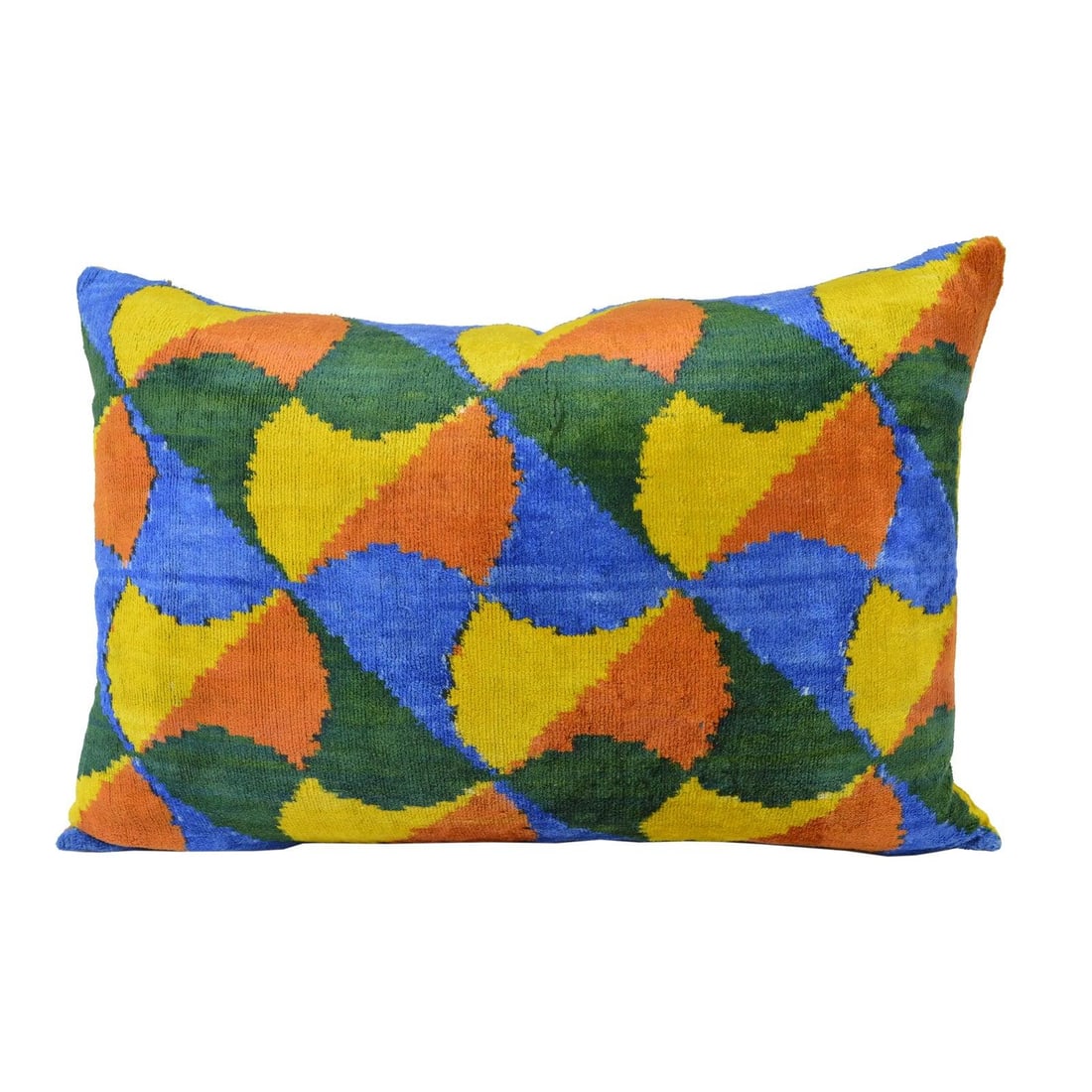 Handcrafted Ikat Velvet Silk Cushion with Linen Backing and Down Insert: Handcrafted Ikat Velvet Silk Cushion with Linen Backing and Down Insert This Silk Uzbek Ikat velvet pillow cushion features a hand-made design with natural linen backing and a hidden zipper. It comes 