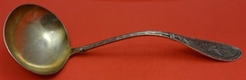 Whiting Japanese Sterling Silver Gold Washed Soup Ladle 13 1/2 Antique: Whiting Japanese Sterling Silver Gold Washed Soup Ladle 13 1/2 Antique A sterling silver soup ladle in the Japanese pattern by Whiting. It features a gold-washed finish, measures 13 1/2 inches, and is