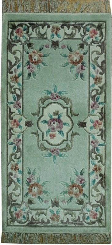 2 x 4 Light Green Aubusson Handmade Bamboo Silk Rug: 2 x 4 Light Green Aubusson Handmade Bamboo Silk Rug Free continental US Shipping This 2 x 4 handmade rug features a light green palette and an authentic Aubusson design, characterized by intricate flo
