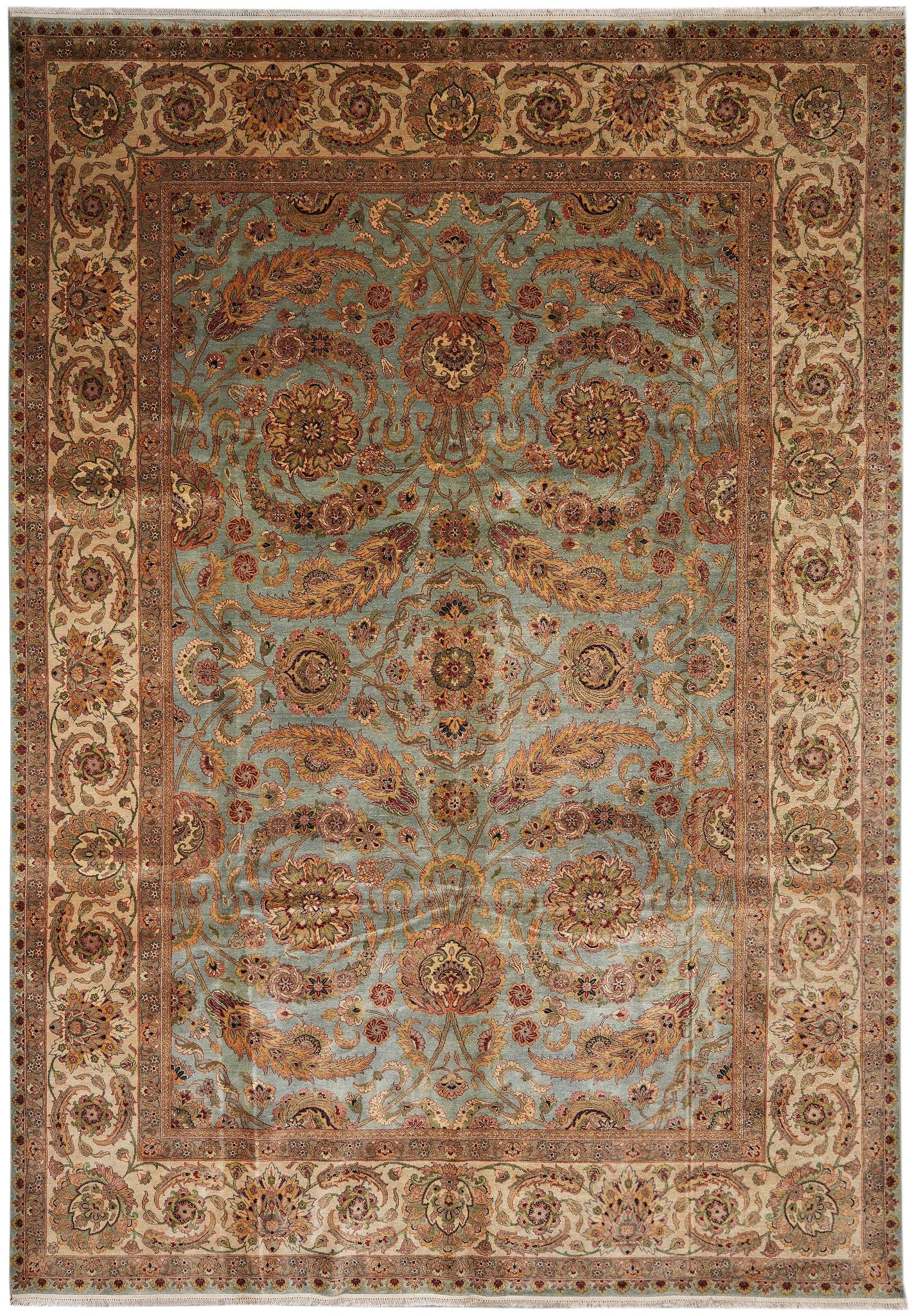 Handmade Jaipur Wool Rug 10 x 14 Light Blue Gold Floral Area India: Handmade Jaipur Wool Rug 10 x 14 Light Blue Gold Floral Area India Free continental US Shipping This 10 x 14 handmade Jaipur area rug, crafted in India, features light blue, gold, rust, and green tone