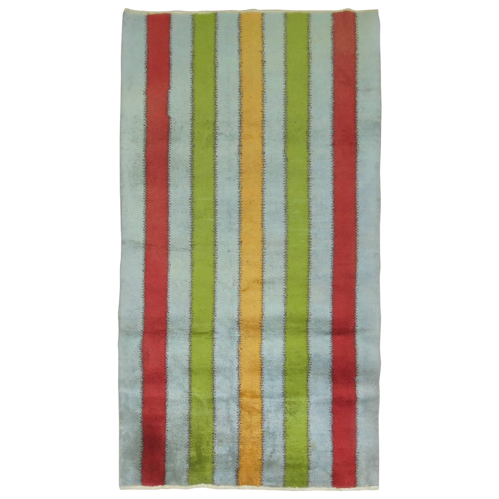Vintage Turkish Art Deco Hand-Knotted Wool and Cotton Rug 45 x 82 in: Vintage Turkish Art Deco Hand-Knotted Wool and Cotton Rug 45 x 82 in This mid-century Turkish Art Deco rug features a striking colorful vertical striped motif set against a blue field. Hand-knotted fr