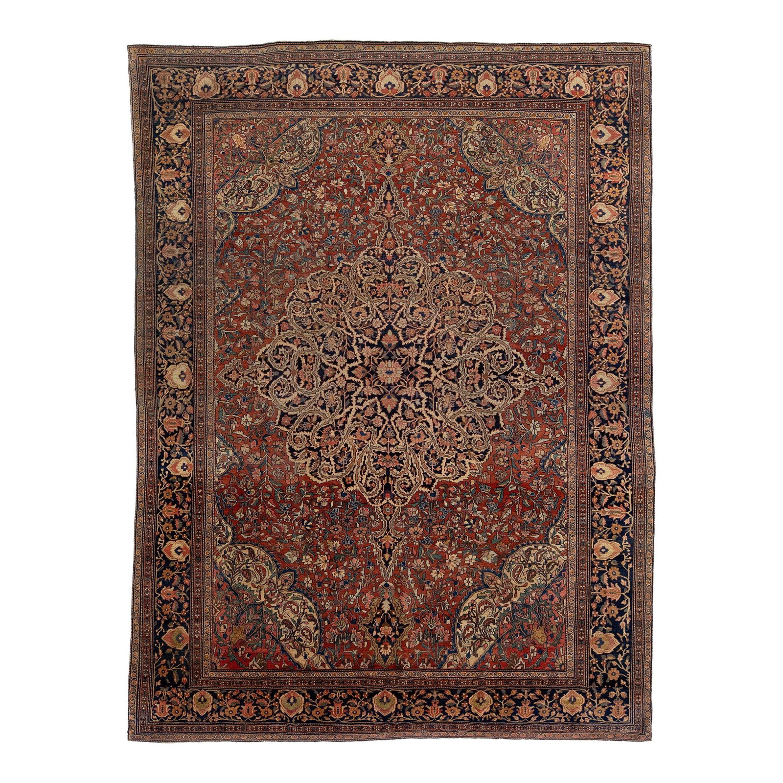 1880s Handmade Persian Farahan Wool Rug Red-Rust Floral Design 8'4 x 11'2: 1880s Handmade Persian Farahan Wool Rug Red-Rust Floral Design 8'4 x 11'2 This exquisite antique Persian Farahan rug, hand-knotted in the 1880s, showcases a captivating red-rust field adorned with a c