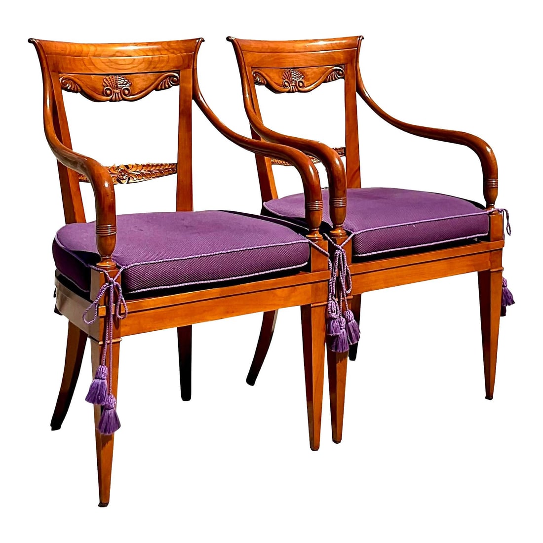Elegant Vintage KPS Group Arm Chairs Pair with Cane and Purple Upholstery: Elegant Vintage KPS Group Arm Chairs Pair with Cane and Purple Upholstery This exquisite pair of vintage custom-built arm chairs showcases the craftsmanship of the renowned KPS Group from Italy. The c