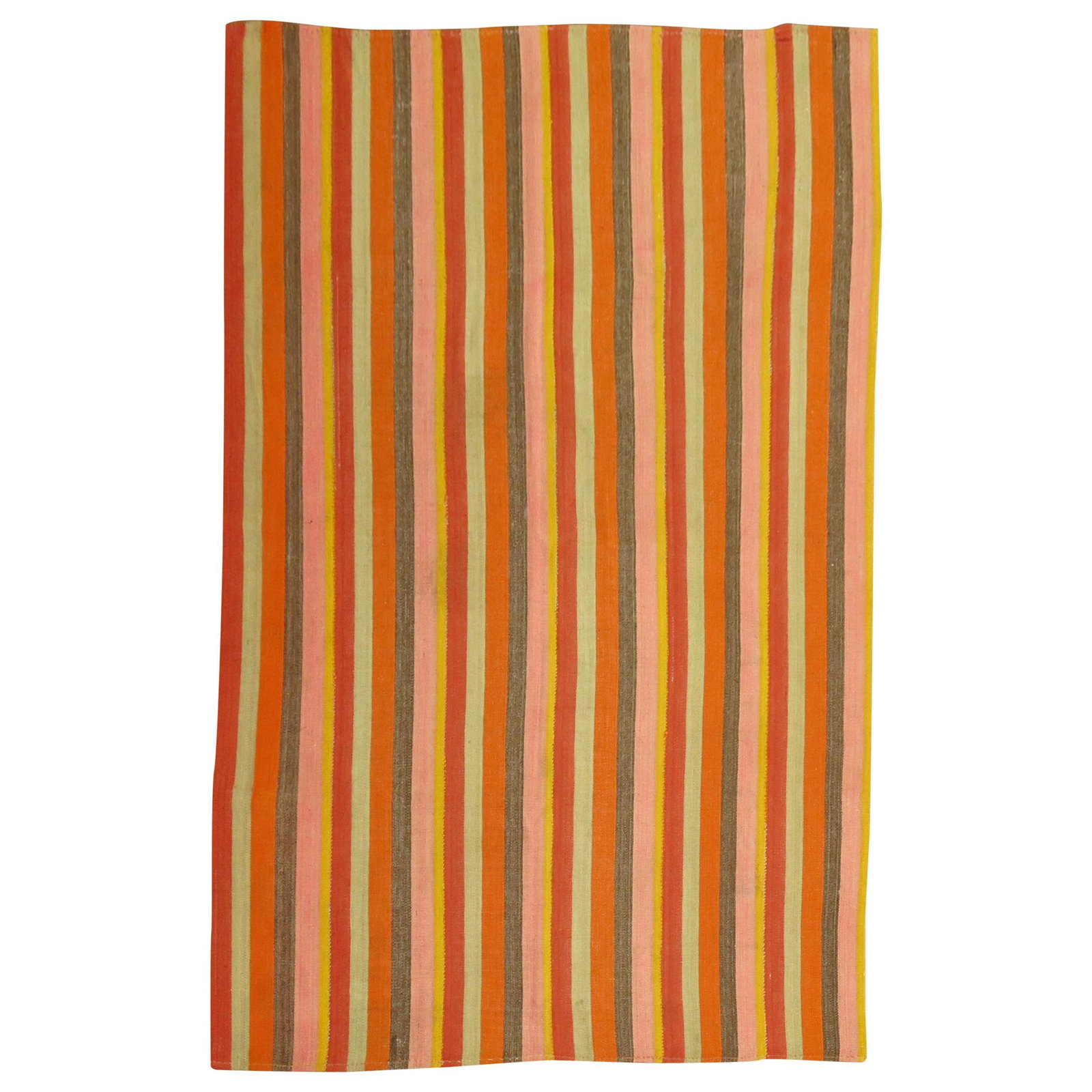 Mid-Century Turkish Wool Kilim Rug with Colorful Striped Pattern 75 x 111 in: Mid-Century Turkish Wool Kilim Rug with Colorful Striped Pattern 75 x 111 in This vintage Turkish Kilim rug features a striking striped motif in vibrant shades of orange, pink, red, yellow, teal, and 