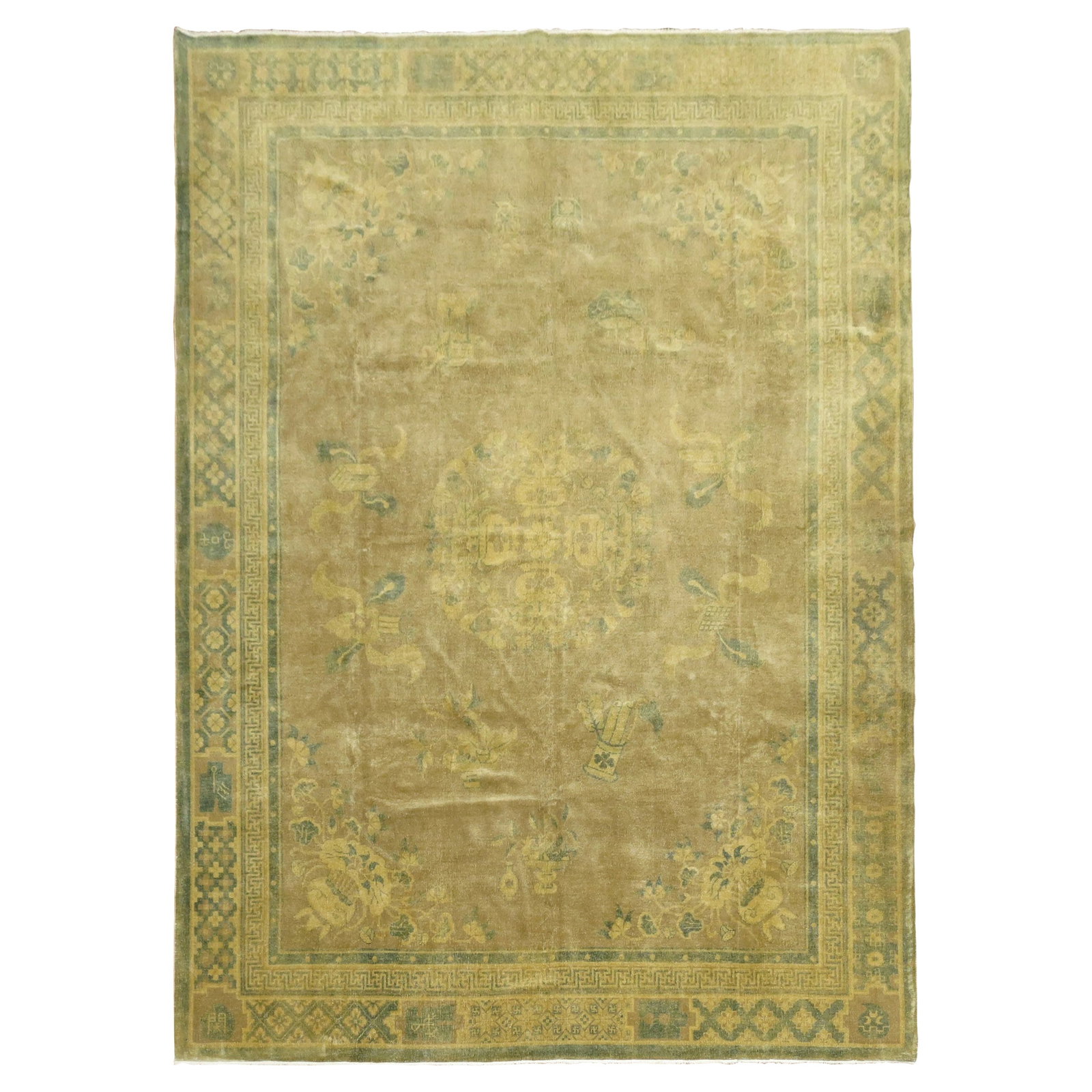 Mid-Century Modern Vintage Chinese Wool Rug 94 x 129 in: Mid-Century Modern Vintage Chinese Wool Rug 94 x 129 in This exquisite vintage Chinese rug showcases a beautiful mid-century modern design, featuring soft brown and olive tones that will enhance any s