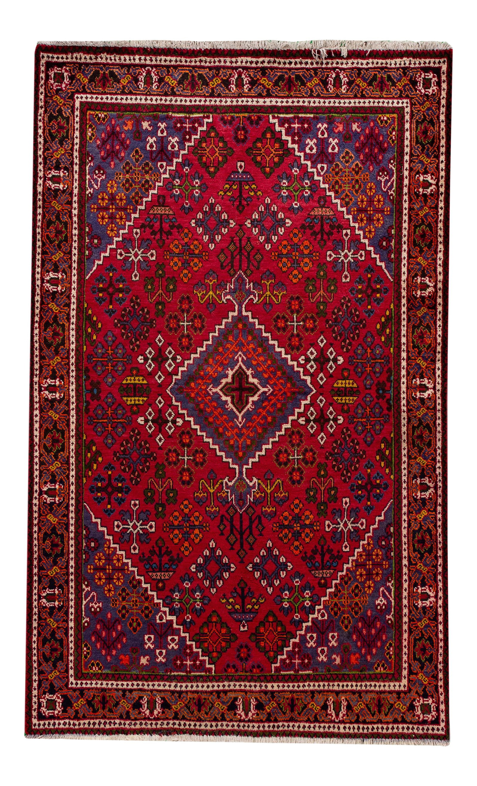 Vintage Persian Joshegan Wool Rug 4'3" x 7' Geometrical Medallion: Vintage Persian Joshegan Wool Rug 4'3" x 7' Geometrical Medallion Enhance your living space with this exquisite Vintage Persian Joshegan rug, featuring a stunning geometrical medallion motif. Hand-kno
