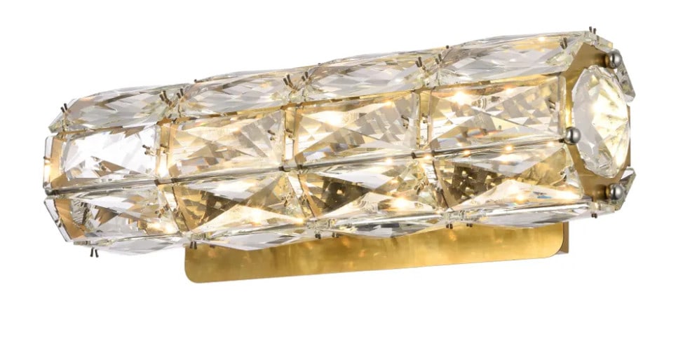 Valetta Gold Crystal LED Wall Sconce 12 Inch: Valetta Gold Crystal LED Wall Sconce 12 Inch This modern crystal wall sconce features a gold finish and is designed for versatile use in spaces such as bathrooms, hallways, bedrooms, dining rooms, and