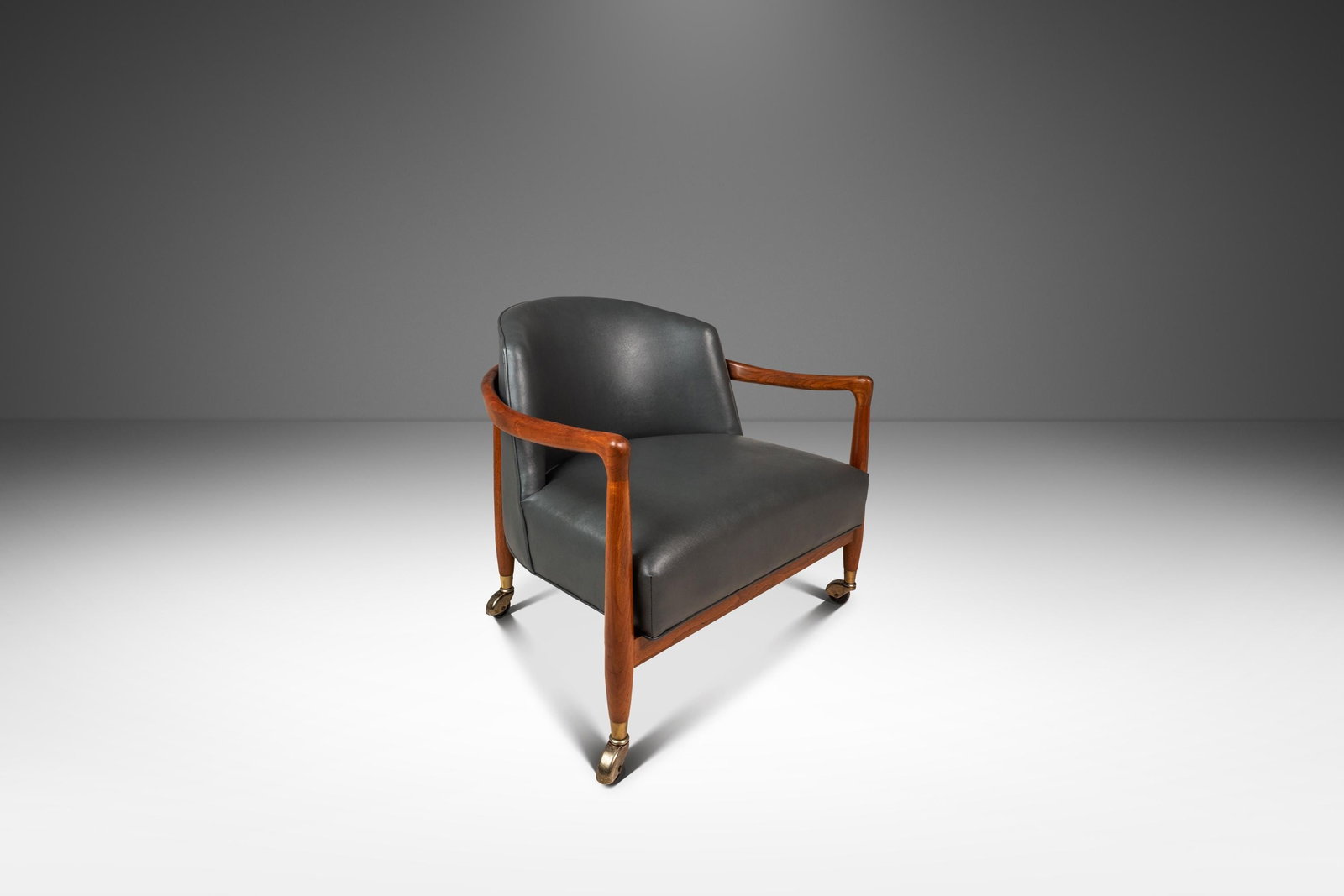 1960s Danish Modern Tub Barrel Chair by Finn Andersen Walnut Vinyl: 1960s Danish Modern Tub Barrel Chair by Finn Andersen Walnut Vinyl Discover a stunning Mid-Century Danish Modern Lounge Tub Barrel Chair, meticulously crafted in walnut with original vinyl upholstery,