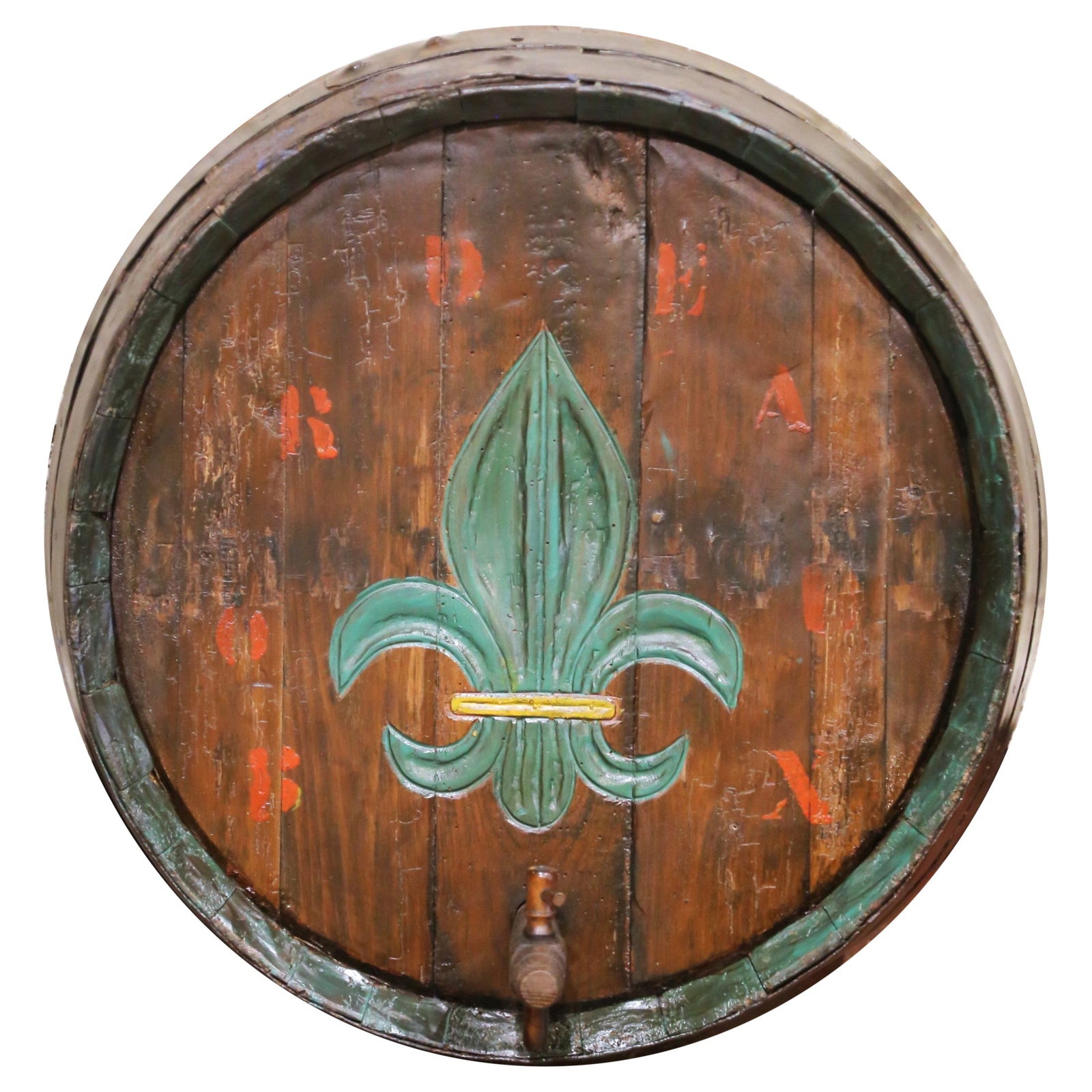 French Oak Barrel Front with Fleur de Lis Decor: French Oak Barrel Front with Fleur de Lis Decor This 19th-century French painted oak wine barrel front is a striking decorative piece that brings authentic country character to any space. Crafted circ
