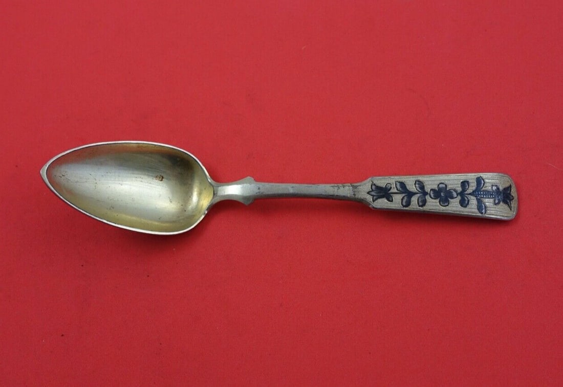 Russian 1835 Sterling Silver Dessert Spoon Vermeil Niello Enamel 6 3/4": Russian 1835 Sterling Silver Dessert Spoon Vermeil Niello Enamel 6 3/4" This exquisite Russian dessert spoon, crafted in Moscow in 1835, showcases the artistry of Russian sterling silver. Made from 84