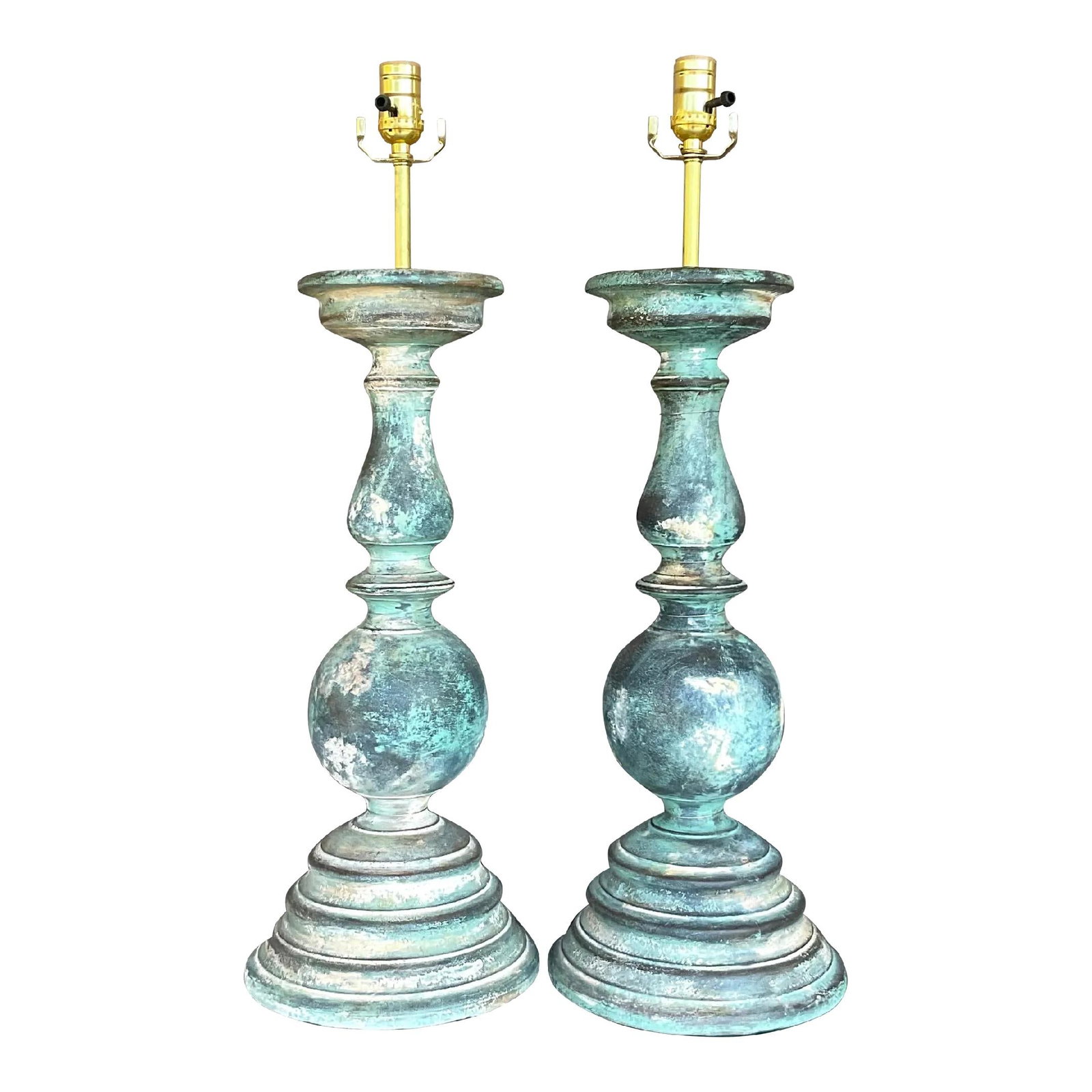 Vintage Pair of Hand Painted Balustrade Lamps in Bottle Green: Vintage Pair of Hand Painted Balustrade Lamps in Bottle Green Elevate your home's ambiance with this exquisite pair of vintage hand-painted balustrade lamps. Each lamp showcases American craftsmanship