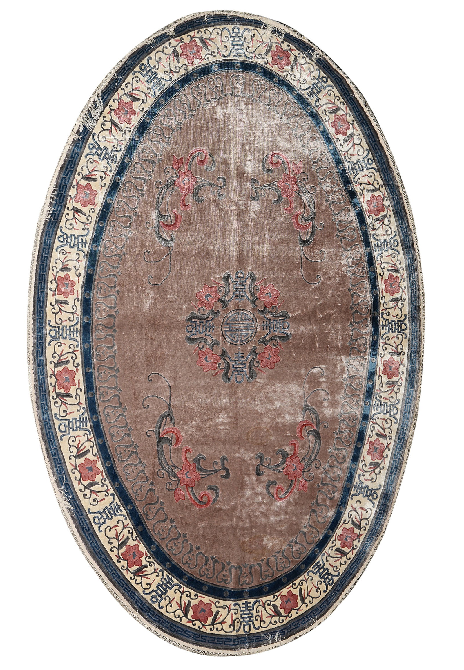 6 x 9 Oval Handmade Chinese Beijing Bamboo Silk Rug: 6 x 9 Oval Handmade Chinese Beijing Bamboo Silk Rug Free continental US Shipping This 6 x 9 oval handmade Chinese Beijing area rug is crafted in bamboo silk and features a dusty mauve field with an iv