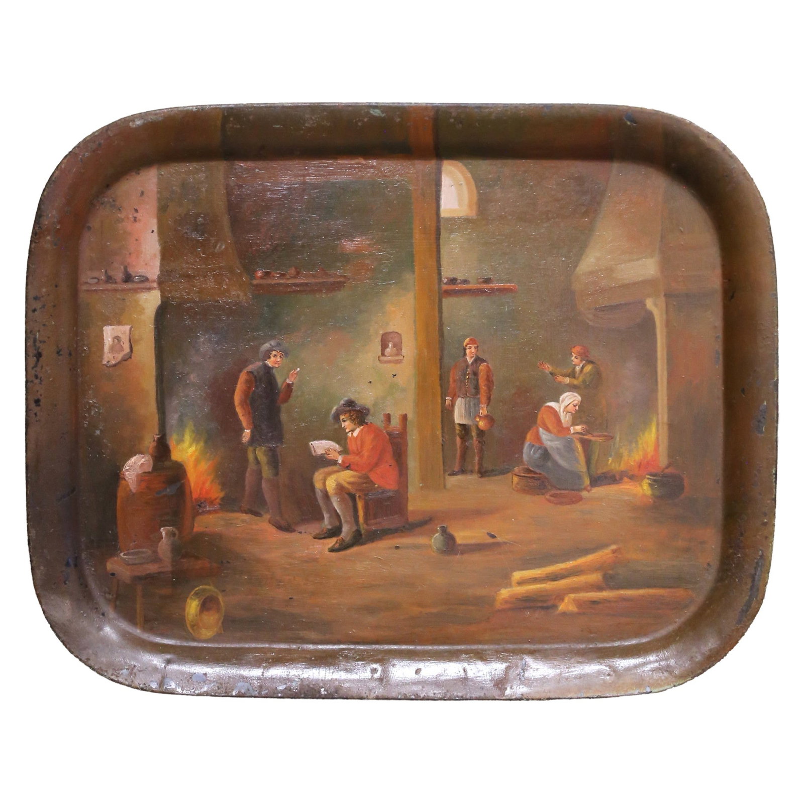 French Tole Tray Hand Painted Tavern Interior Scene (1 of 8)