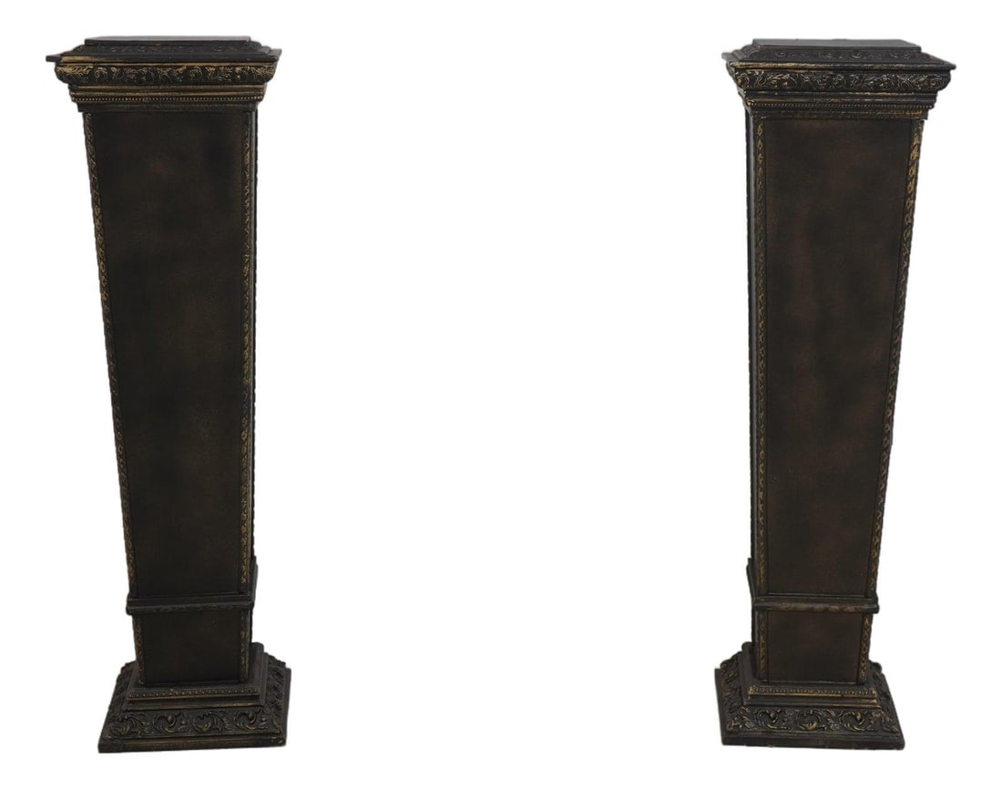 Set of Two Wooden Carved Pedestal Stands for Plants or Display: Set of Two Wooden Carved Pedestal Stands for Plants or Display This pair of decorative pedestal plant stands features finely carved details and a high-quality wood construction. Each stand has a taper