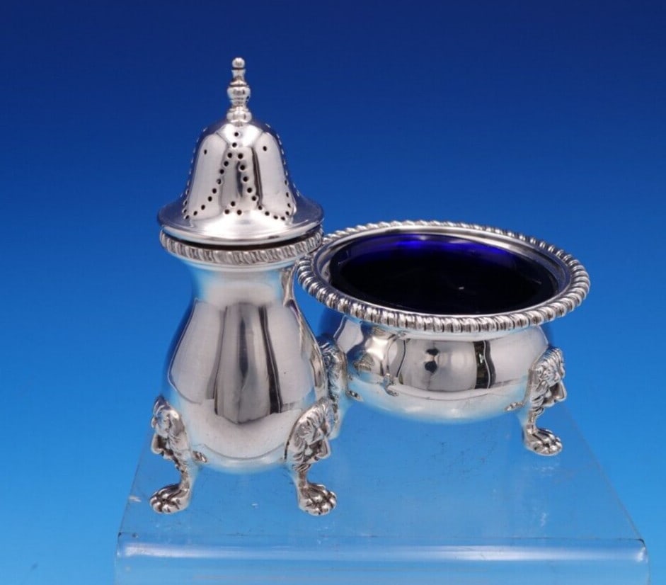 Ellis Jacob Greenberg Sterling Silver Salt Dip Pepper Set Cobalt Liner Lion Feet: Ellis Jacob Greenberg Sterling Silver Salt Dip Pepper Set Cobalt Liner Lion Feet Discover this exquisite English Estate Sterling Silver Salt Dip and Pepper Set by Ellis Jacob Greenberg, crafted in Lon