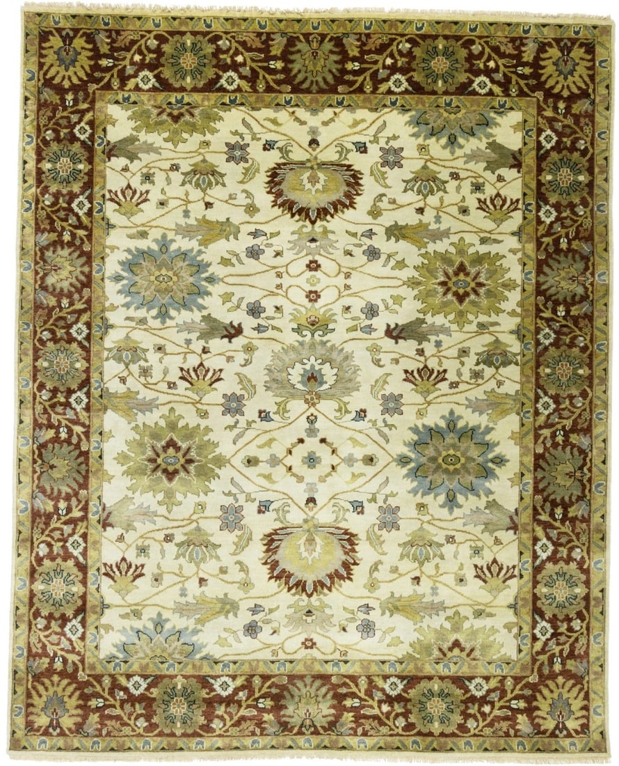 8x10 Wool Floral Peshawar Osh Chobi Hand-Knotted Area Rug from India: 8x10 Wool Floral Peshawar Osh Chobi Hand-Knotted Area Rug from India This hand-knotted Peshawar Osh Chobi rug features a vintage-style floral pattern in cream, rust, rusty red, tan, blue-gray, gold, o