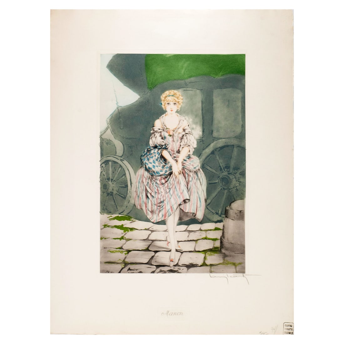 Signed Art Deco Serigraph Manon by Louis Icart Woman Print: Signed Art Deco Serigraph Manon by Louis Icart Woman Print This is a signed serigraph print titled "Manon" by Louis Icart, created circa 1927. The artwork features a woman and exemplifies the Art Deco