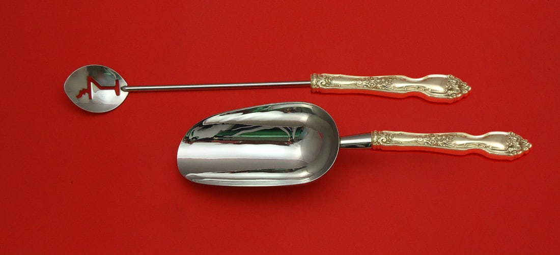 Wallace La Reine Sterling Silver 2pc Bar Set Martini Spoon Ice Scoop: Wallace La Reine Sterling Silver 2pc Bar Set Martini Spoon Ice Scoop Introducing the exquisite La Reine Hostess Set by Wallace, crafted from high-quality sterling silver. This custom-made two-piece ba