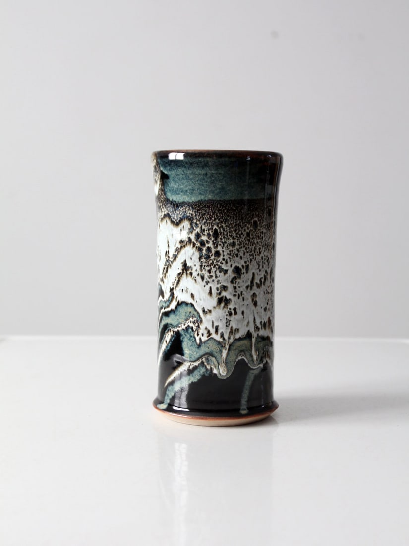 Signed Vintage Studio Pottery Vase with Black White Turquoise Glaze (1 of 9)