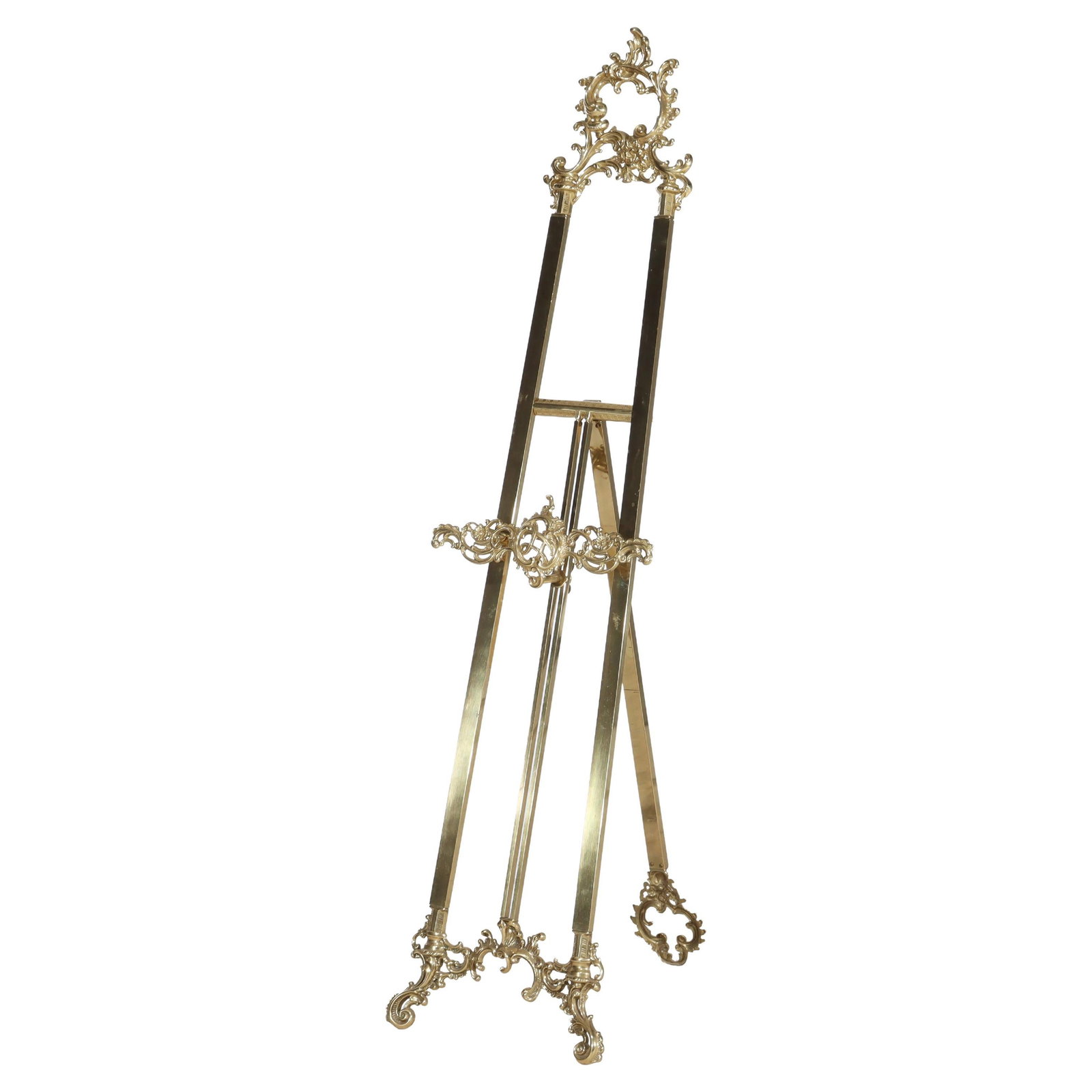 Adjustable Brass Art Easel with Rococo Foliate Design 20th Century French: Adjustable Brass Art Easel with Rococo Foliate Design 20th Century French This vintage French Rococo style art display easel features ornate foliate elements and is crafted from brass. The easel is ad