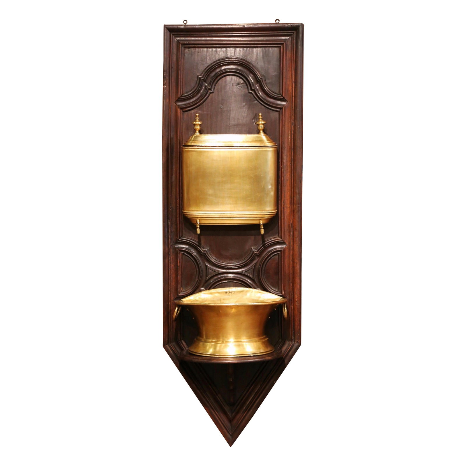 French Normandy Brass Lavabo on Carved Oak Panel: French Normandy Brass Lavabo on Carved Oak Panel This striking 19th-century French lavabo fountain from Normandy, crafted circa 1860, is a wall-mounted piece featuring a patinated brass reservoir and 
