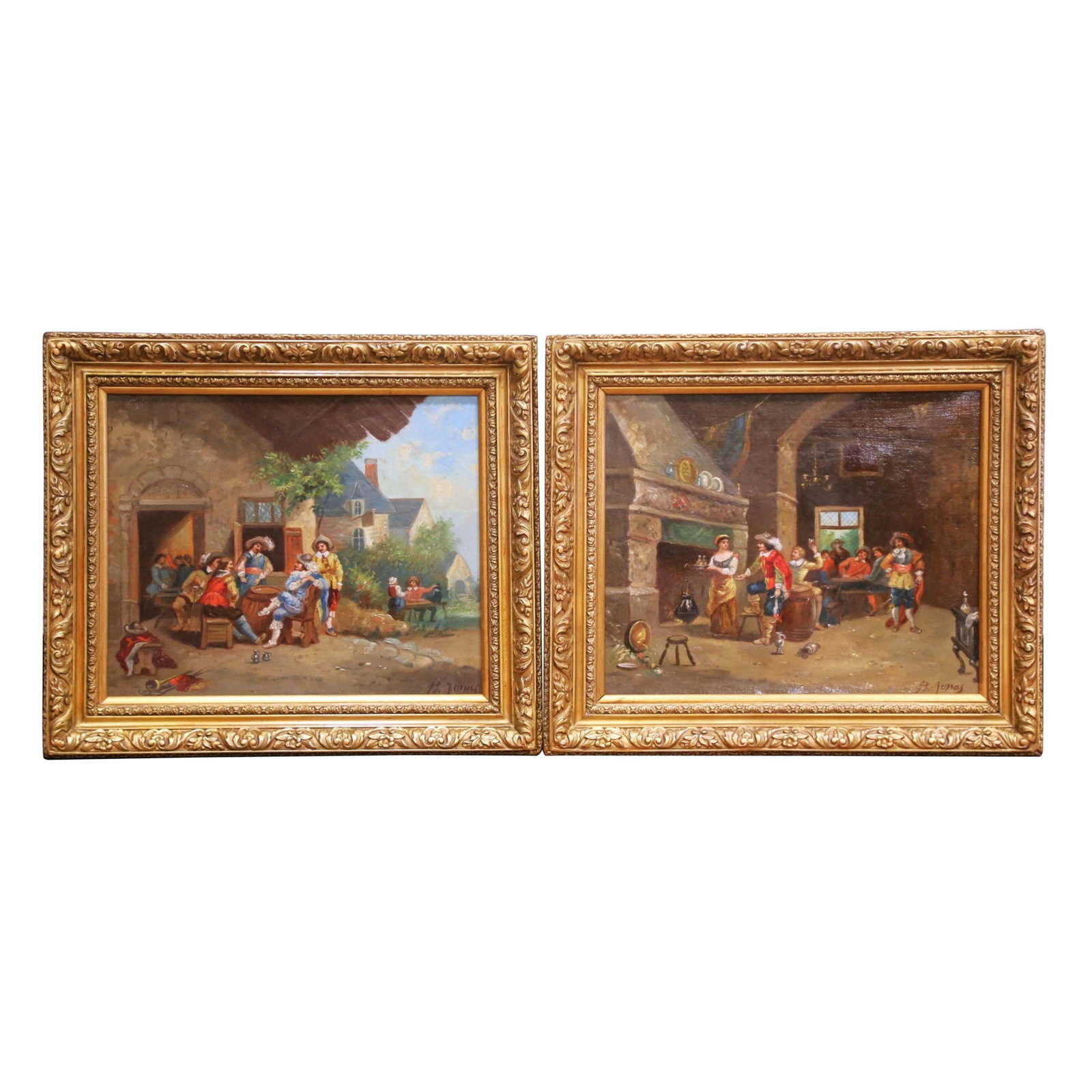 Set of Two French Oil Paintings Tavern Scenes Signed H Jonas Circa 1870 (1 of 16)