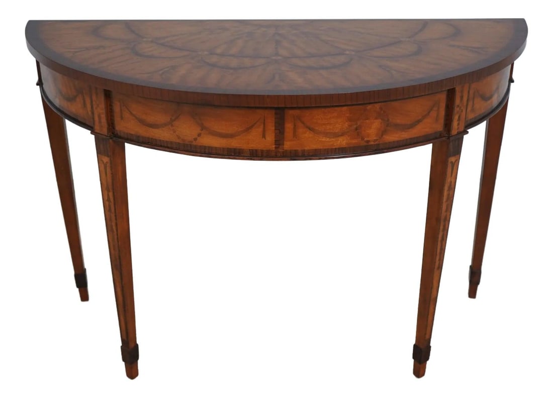 Elegant Adams Style Inlaid Demilune Console Table Brown Wood 18th Century Design: Elegant Adams Style Inlaid Demilune Console Table Brown Wood 18th Century Design This Adams Style highly inlaid demilune console table showcases exquisite craftsmanship and attention to detail. With a
