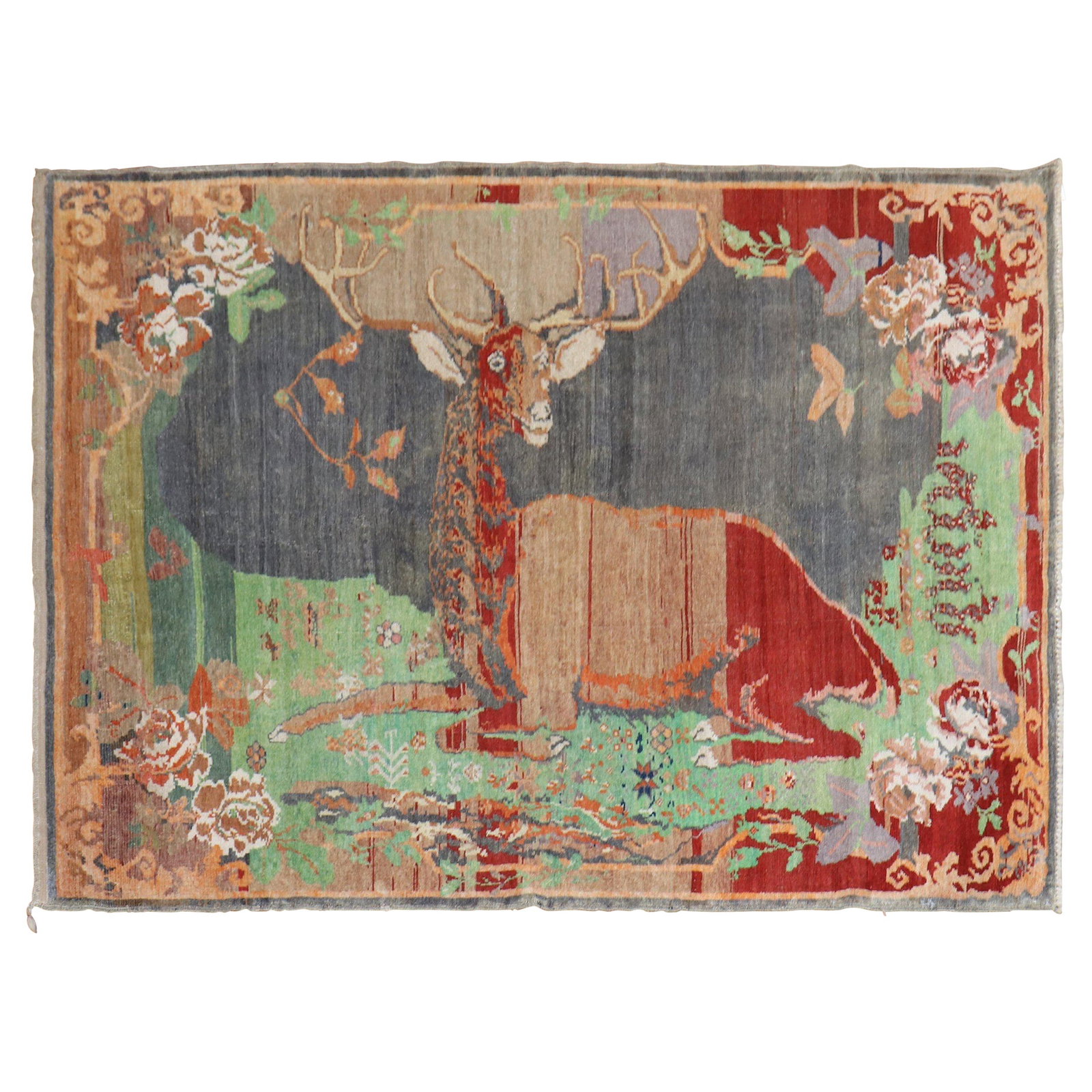 Vintage Hand-Woven Russian Folk Art Karabagh Deer Rug 1940: Vintage Hand-Woven Russian Folk Art Karabagh Deer Rug 1940 This stunning Jolly Deer Pictorial Karabagh Conversation Rug features a charming depiction of a joyful deer, crafted with exceptional quality