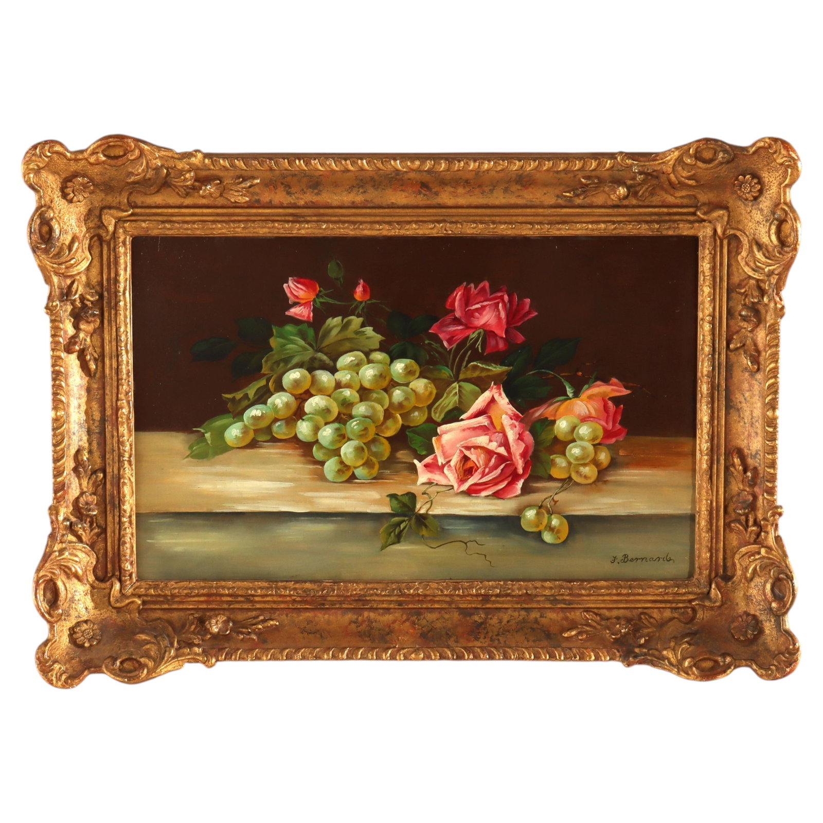 J Bernard Oil on Board Roses Grapes Still Life c1920 (1 of 7)