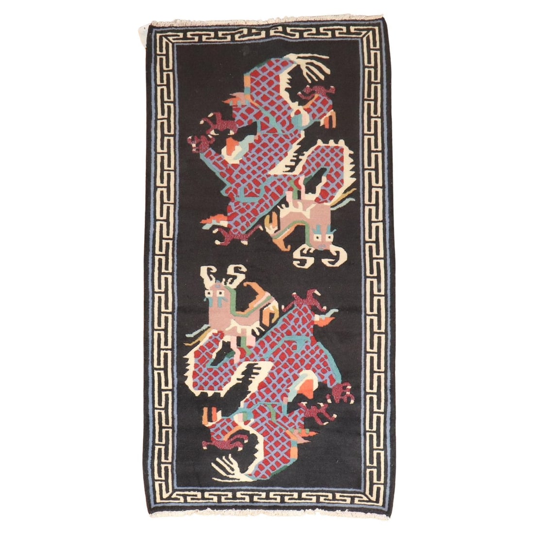 Tibetan Vintage Hand-Woven Dragon Rug 38 x 73 inches: Tibetan Vintage Hand-Woven Dragon Rug 38 x 73 inches Discover the elegance of this vintage Tibetan dragon rug, showcasing a striking dragon motif that embodies the rich artistry of Tang style. Hand-wo